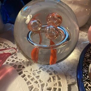 Vintage Sphere Orange Flamingo Multicolor Blown Glass Art Paper Weight Ornate